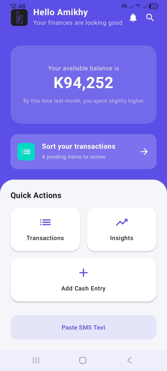 Kwacha Wize home screen showing available balance and quick actions